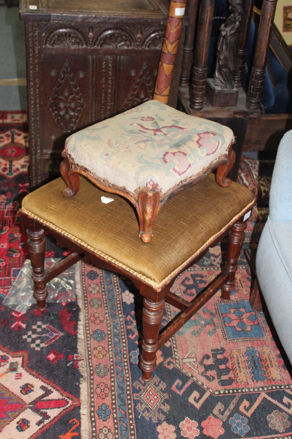 TWO VICTORIAN NEEDLEWORK UPHOLSTERED FOOTSTOOLS together with a Georgian style stool and other 20th