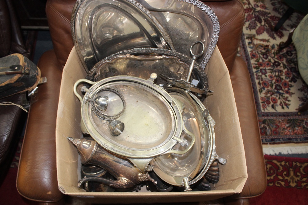 A QUANTITY OF VARIOUS SILVER PLATE to include trays, serving dishes, a coffee pot etc.