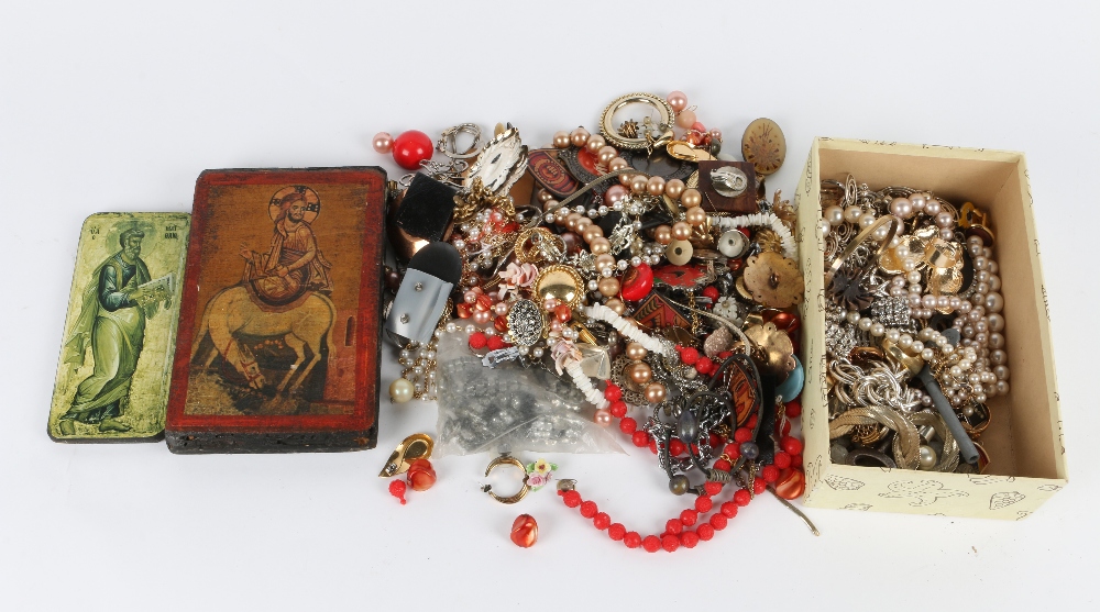 A QUANTITY OF VARIOUS COSTUME JEWELLERY together with two icon type pictures