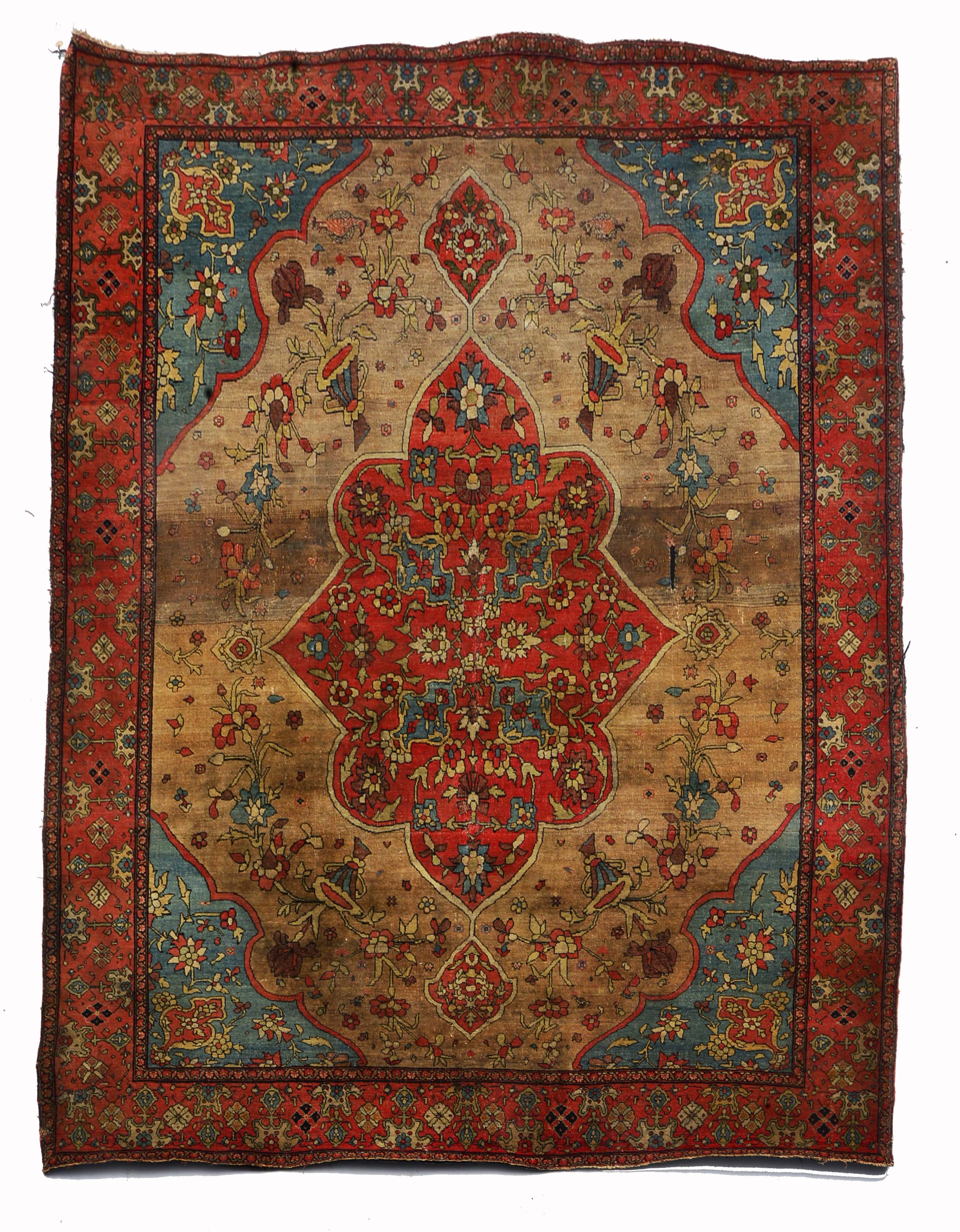 AN ANTIQUE PERSIAN KASHAN CAMEL GROUND RUG decorated with a central rose ground foliate medallion