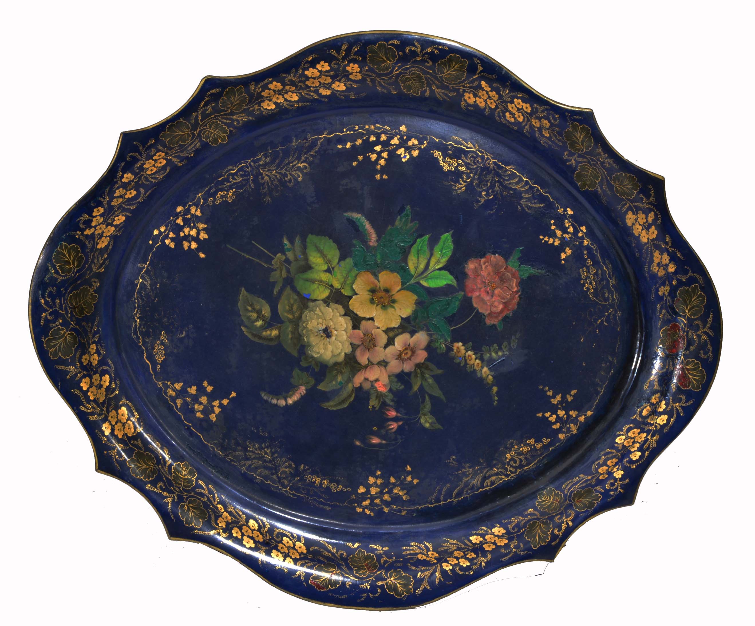 AN EARLY VICTORIAN BLUE PAPIER MACHE TRAY with painted summer flower decoration within a gilded