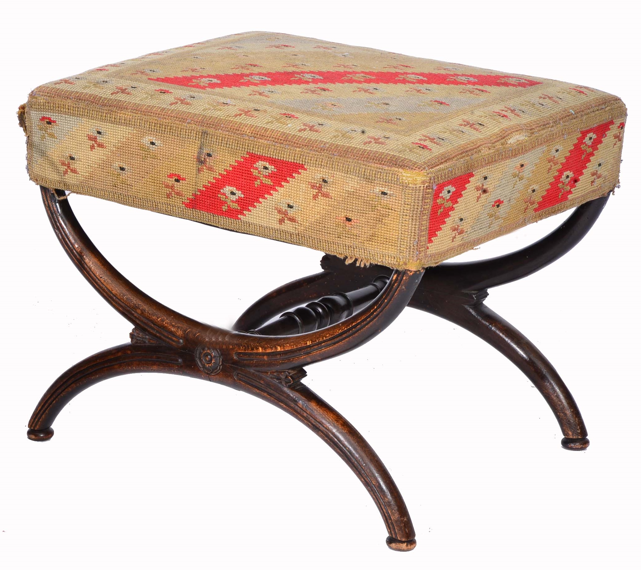 A REGENCY MAHOGANY FRAMED DRESSING STOOL with gros point needlework top on inverted feet supports