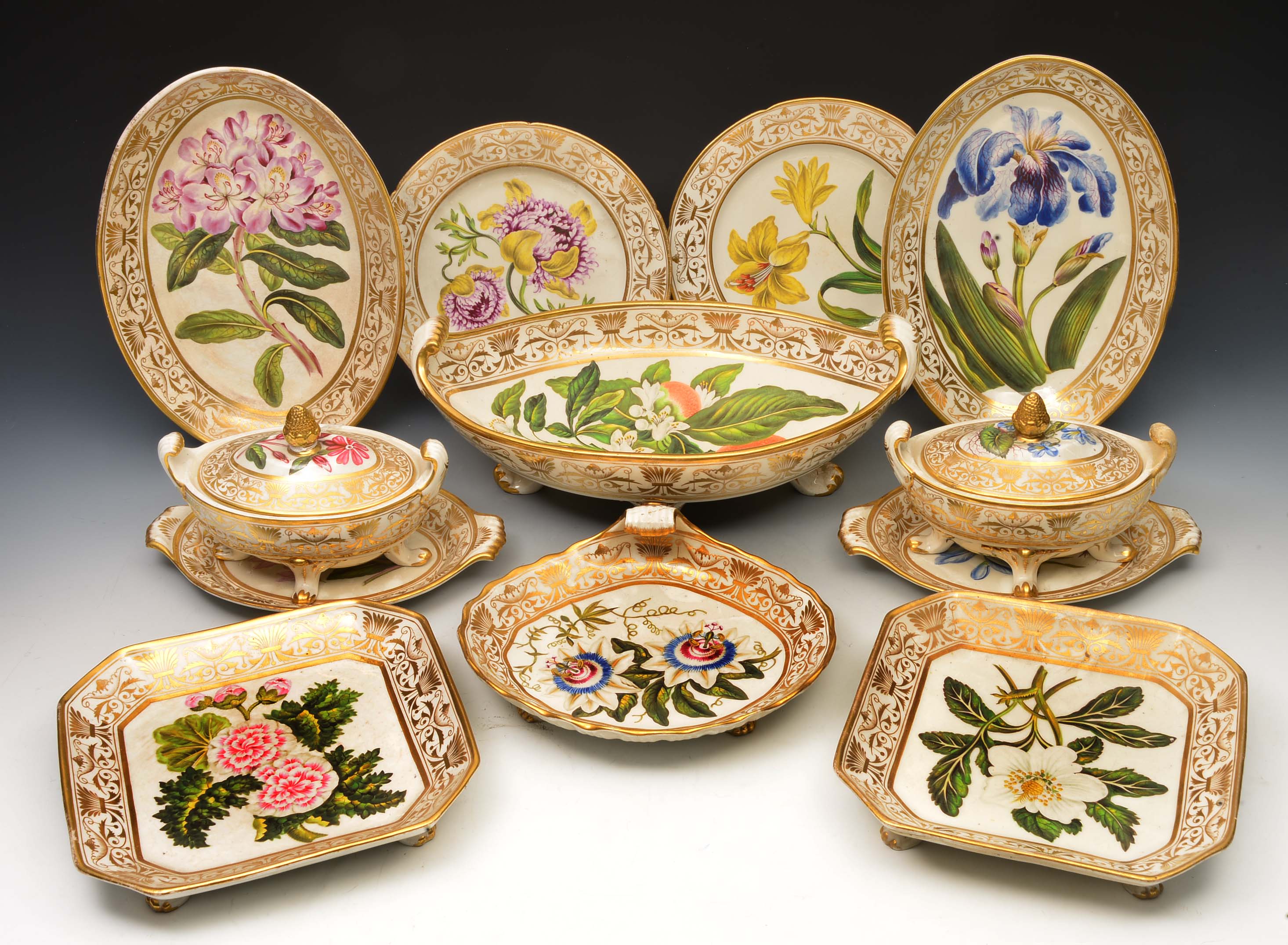 AN EARLY 19TH CENTURY ENGLISH, PROBABLY COALPORT DESSERT SERVICE, consisting of a pair of tureens