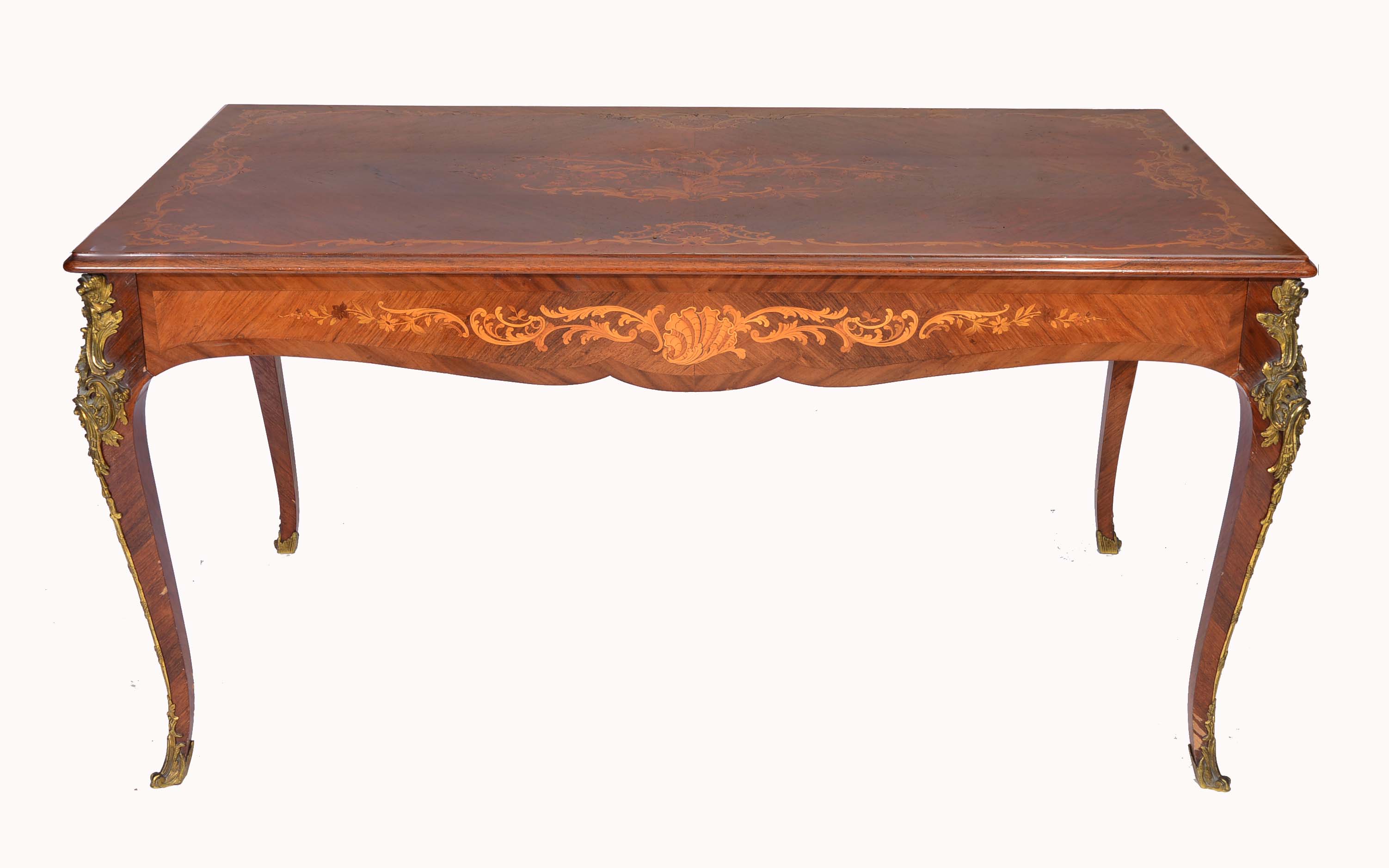 A NAPOLEON III ROSEWOOD AND MARQUETRY BUREAU PLAT with central stylistic swallow and tree peony