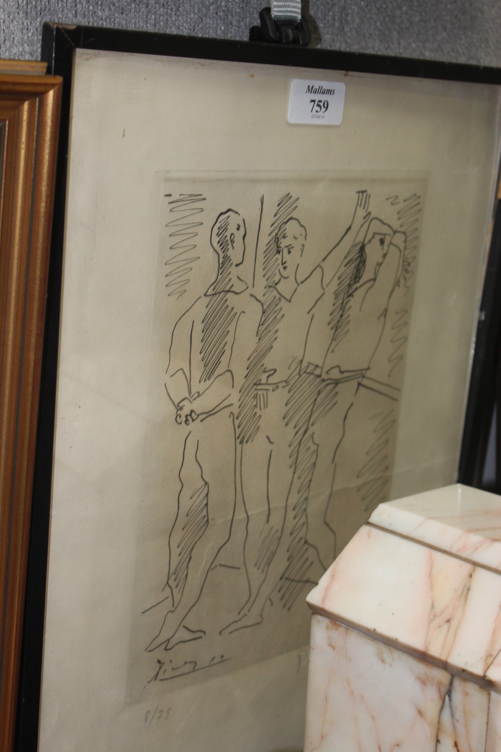 A PRINT OF THREE MEN AFTER PICASSO, 8/75 bearing signature, 27cm x 18cm