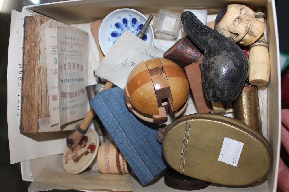 A BOX OF MISCELLANEOUS ITEMS to include a brass snuff box, a meerschaum pipe in the form of a claw