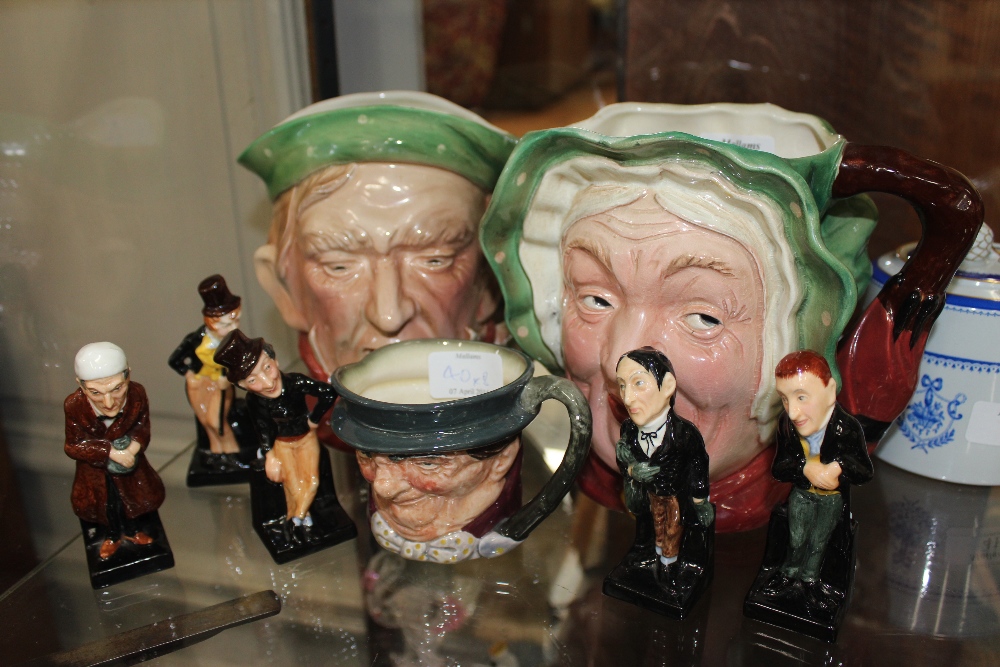 A SET OF FIVE ROYAL DOULTON DICKENS FIGURES 10cm high together with two Beswick Dickens Ware