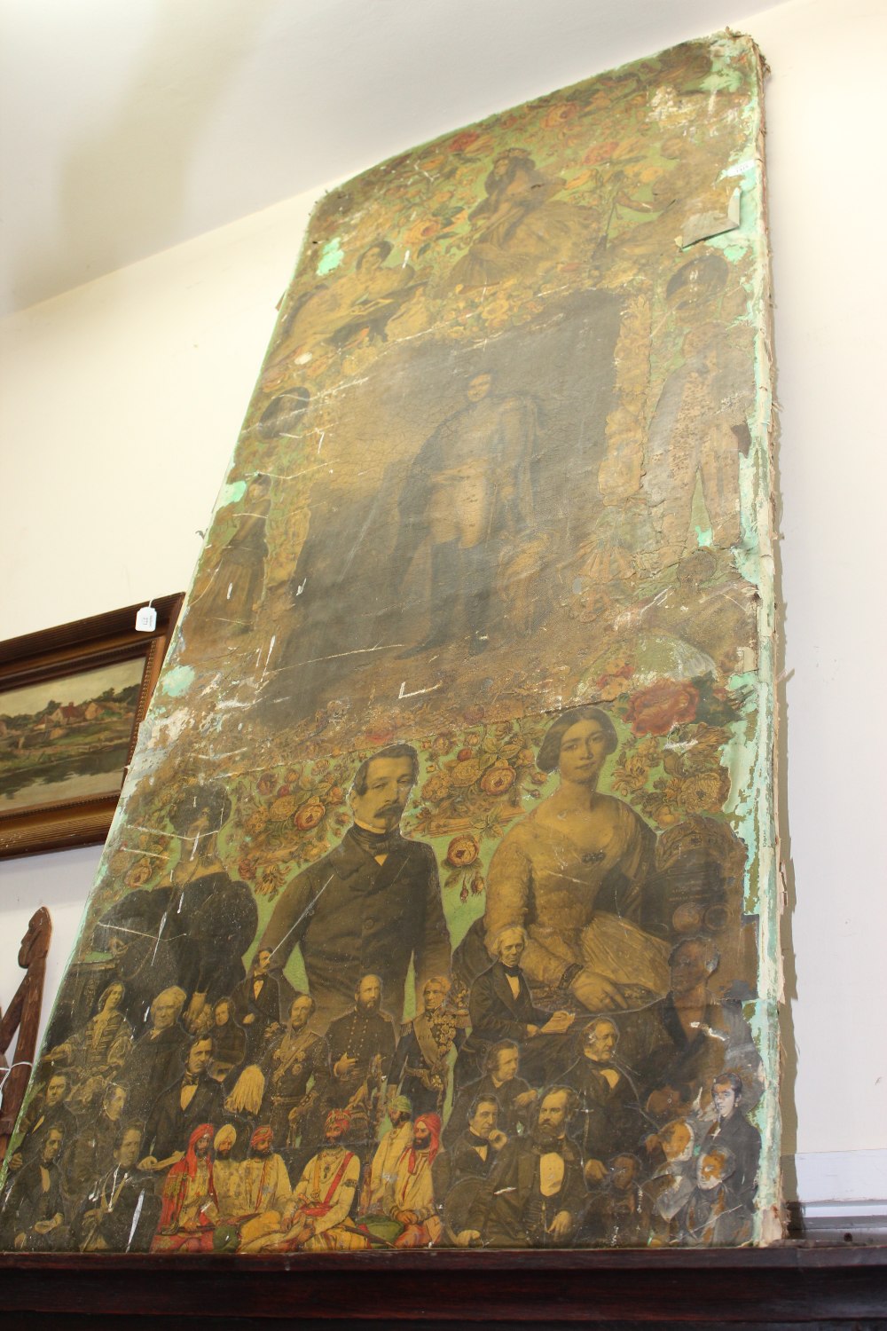 A VICTORIAN SCRAP WORK SCREEN PANEL centrally decorated with a print of Prince Albert, 83cm x 199cm