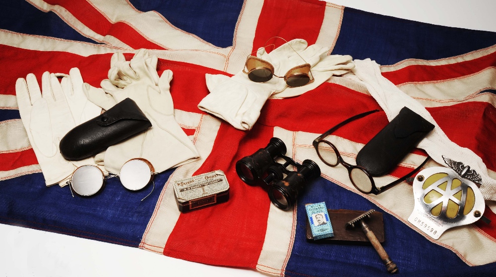 THREE OLD PAIRS OF SUNGLASSES, a Union Jack flag, opera glasses and further items