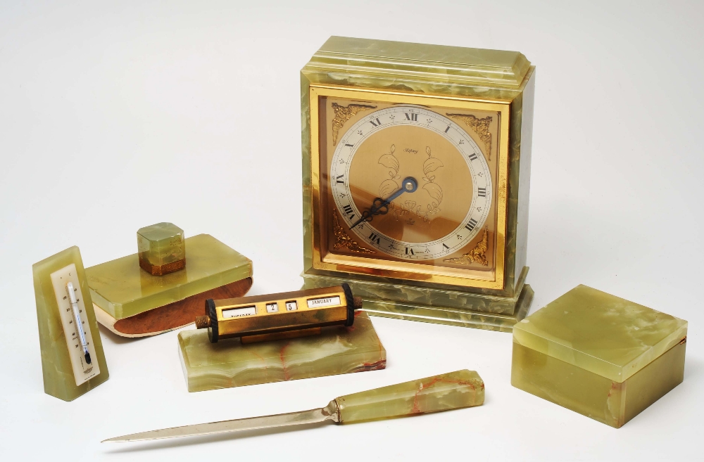 A 1950`S GREEN ONYX DESK SET retailed by Asprey of London to include a timepiece with square brass