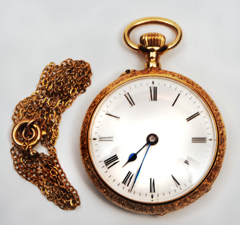 A LADIES 18CT GOLD POCKET WATCH the case with scroll engraved acanthus leaf design, the white dial