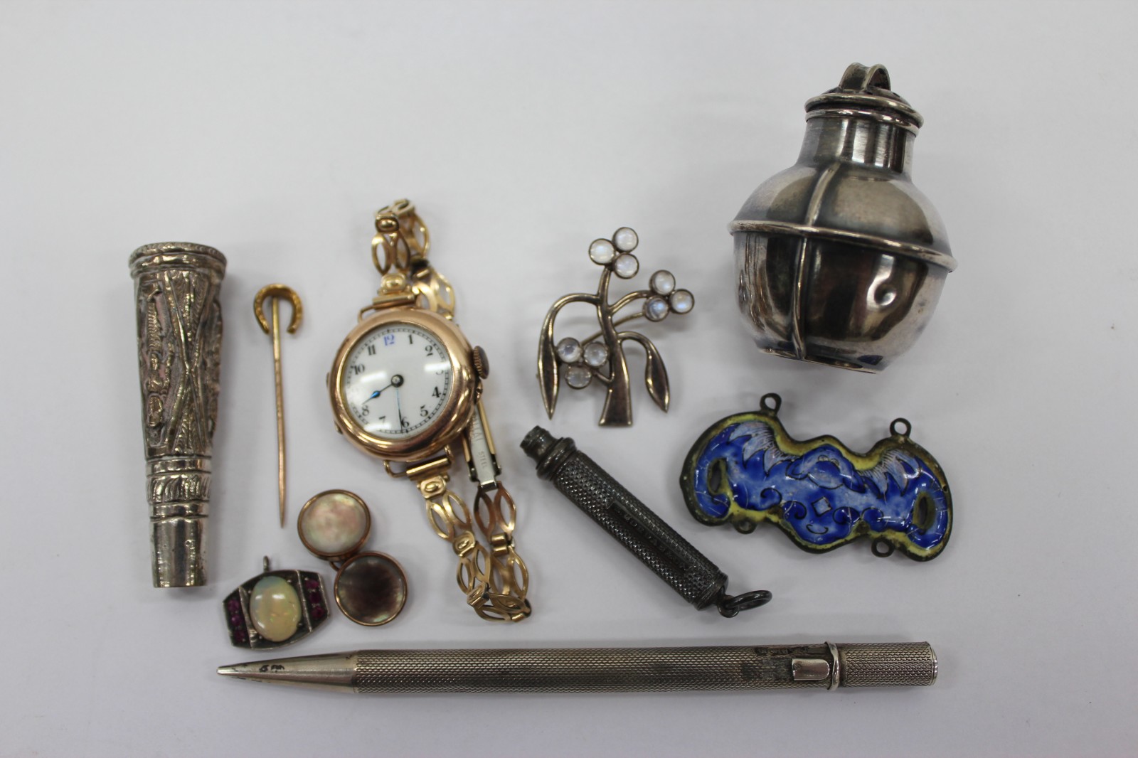 A LADIES GOLD WRIST WATCH together with further items to include a silver Sampson Mordan & Co.