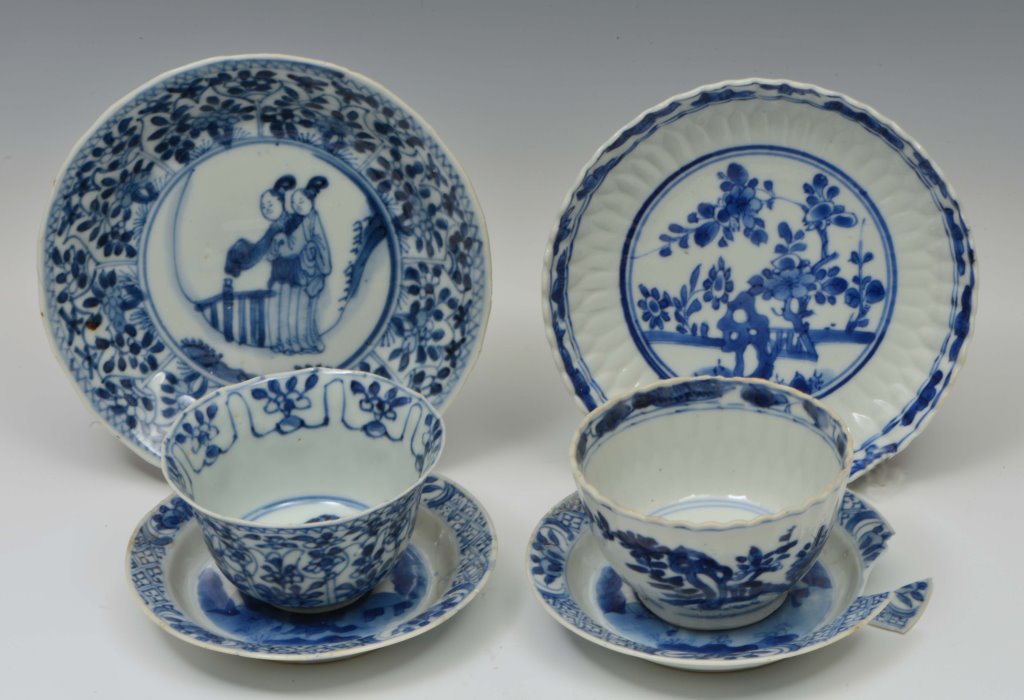 A GROUP OF CHINESE BLUE AND WHITE including two 18th Century tea bowls and saucers and two Kangxi