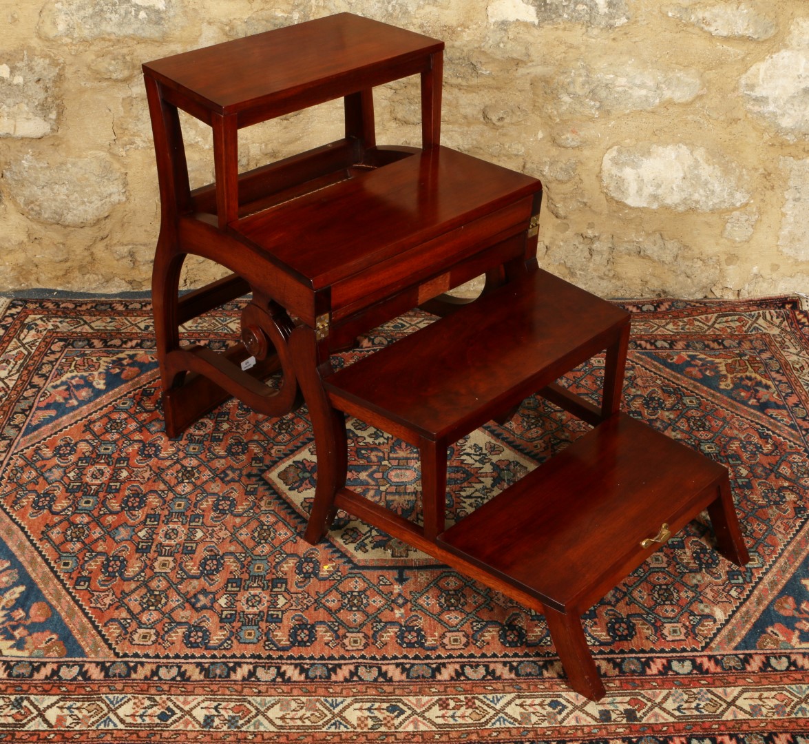 A REGENCY STYLE MAHOGANY METAMORPHIC LIBRARY CHAIR with scroll arms, caned seat folding to a four - Image 2 of 2