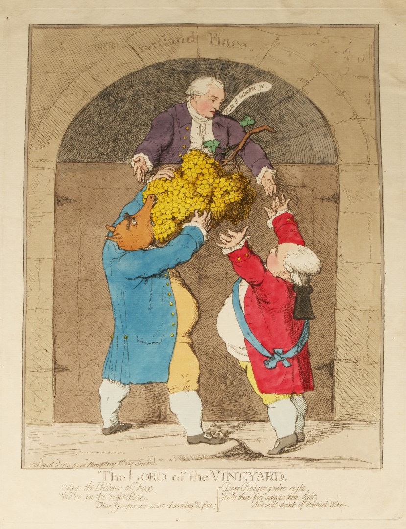 JAMES GILLRAY `The Lord of the Vineyard`, etching, hand-coloured, 35 x 25cm; another - `The Rt.