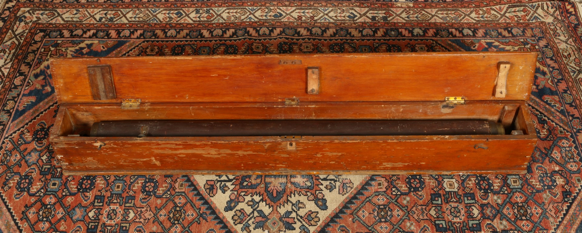 A 19TH CENTURY TELESCOPE in wooden carrying case (for restoration)