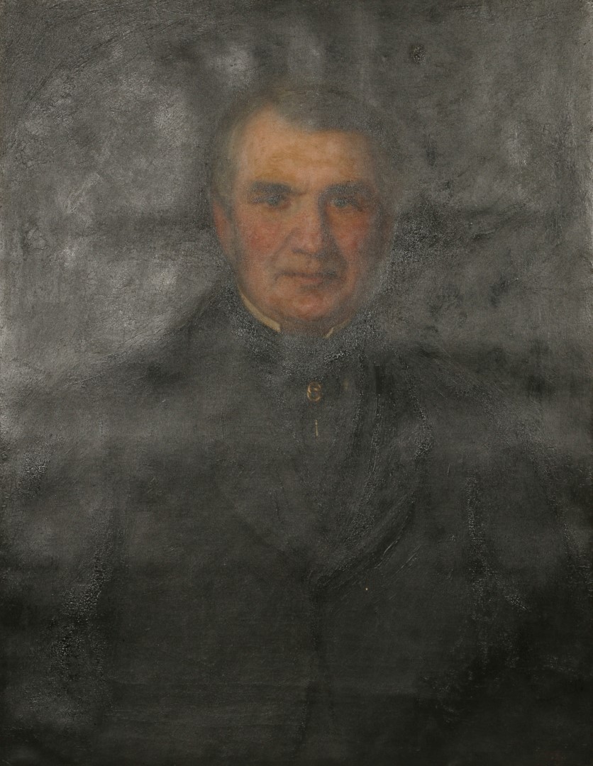 19TH CENTURY ENGLISH SCHOOL A half length portrait of a gentleman with black top coat and stock,