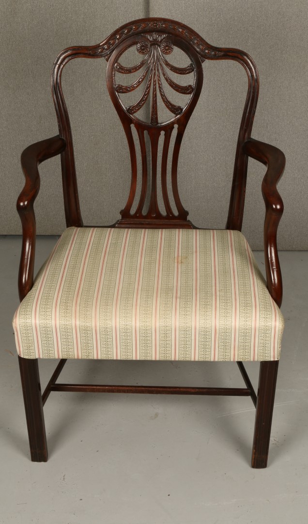 A GEORGE III MAHOGANY ARMCHAIR with Prince of Wales feather splat back and fluted legs, 60cm wide