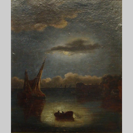 Charles Morris Snr, a harbour scene by moonlight, oil on canvas, signed, 29 x 24cm
