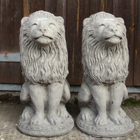 A pair of reconstituted stone lions, 53cm tall