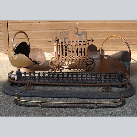 A fire basket, together with three fenders and two coal scuttles