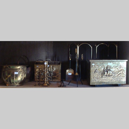 A collection of brass items, to include a coal scuttle, coal box and spark guard