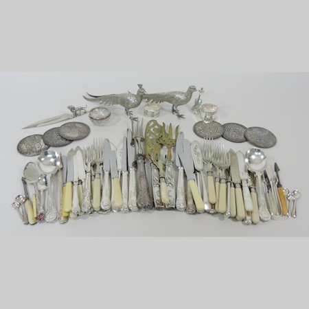 A small collection of silver handled and silver plated cutlery, together with a silver top jar