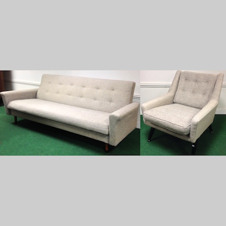 A 1970`s cream upholstered settee, 205cm, together with a similar armchair