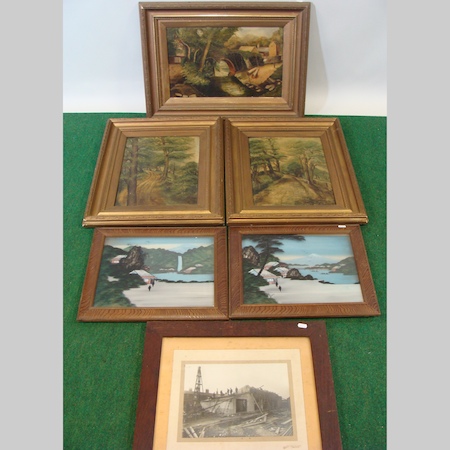 A collection of pictures, to include three by the same hand and two Japanese reverse paintings on