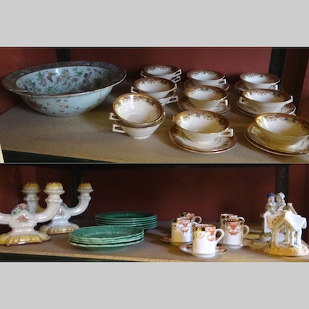 Two shelves of china, to include a 19th century pastille burner, a large Chinese Canton bowl, a