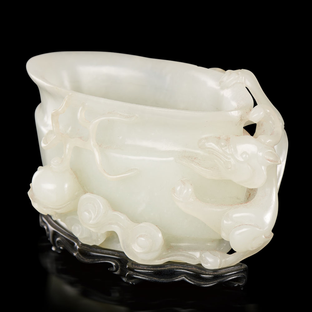 A WHITE JADE `CHI DRAGON AND FLAMING PEARL` BRUSH WASHER ACCOMPANIED WITH JAPANESE WOODEN BOX AND - Image 2 of 4