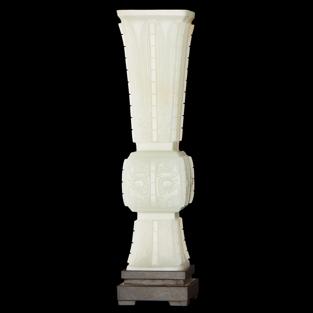 A WHITE JADE `TAOTIE MASK` ARCHAISTIC BEAKER VASE, FANG GU QIANLONG PERIOD (1736-1795) H 19.5 cm. (7 - Image 2 of 7