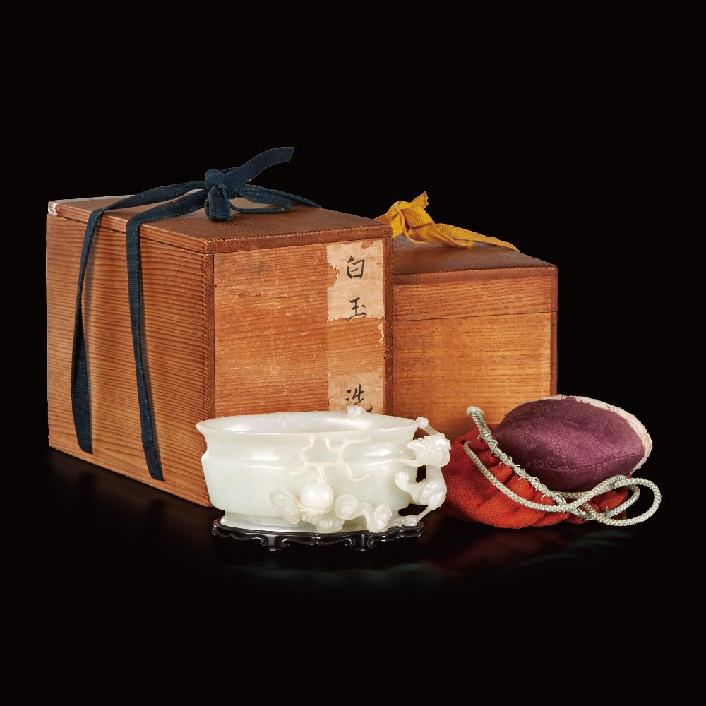 A WHITE JADE `CHI DRAGON AND FLAMING PEARL` BRUSH WASHER ACCOMPANIED WITH JAPANESE WOODEN BOX AND