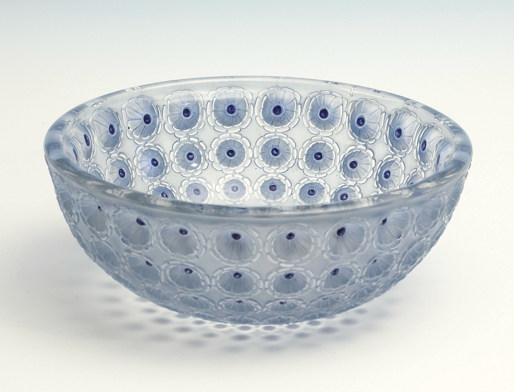 A Lalique moulded glass Nemours bowl mid-20th century, of circular form, in pale blue glass,