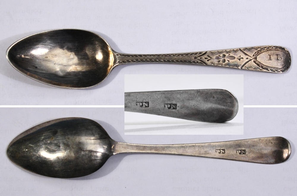 An 18th century Channel Islands silver tea spoon maker`s mark PN struck twice (Guernsey, c.1750),