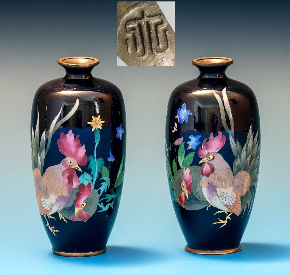 A pair of small silver wired Japanese cloisonné vasesMeiji period, of slender baluster form,