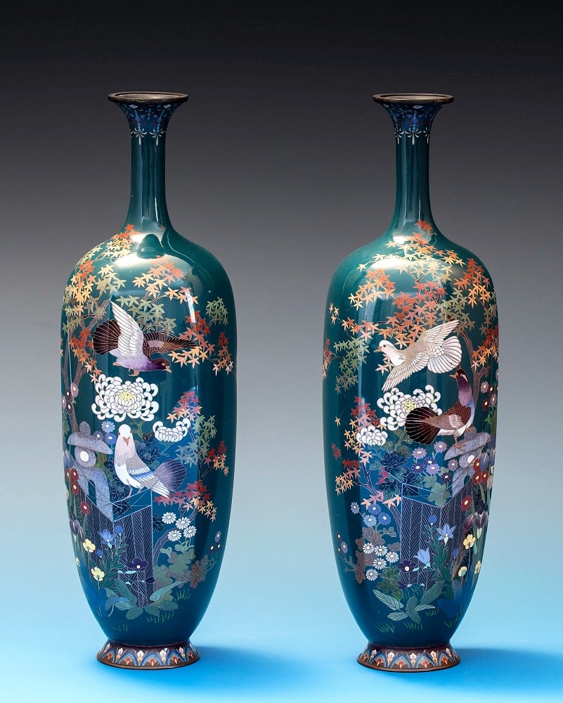 A pair of blue-green ground Japanese cloisonné vasesMeiji period, of slender six-sided form with