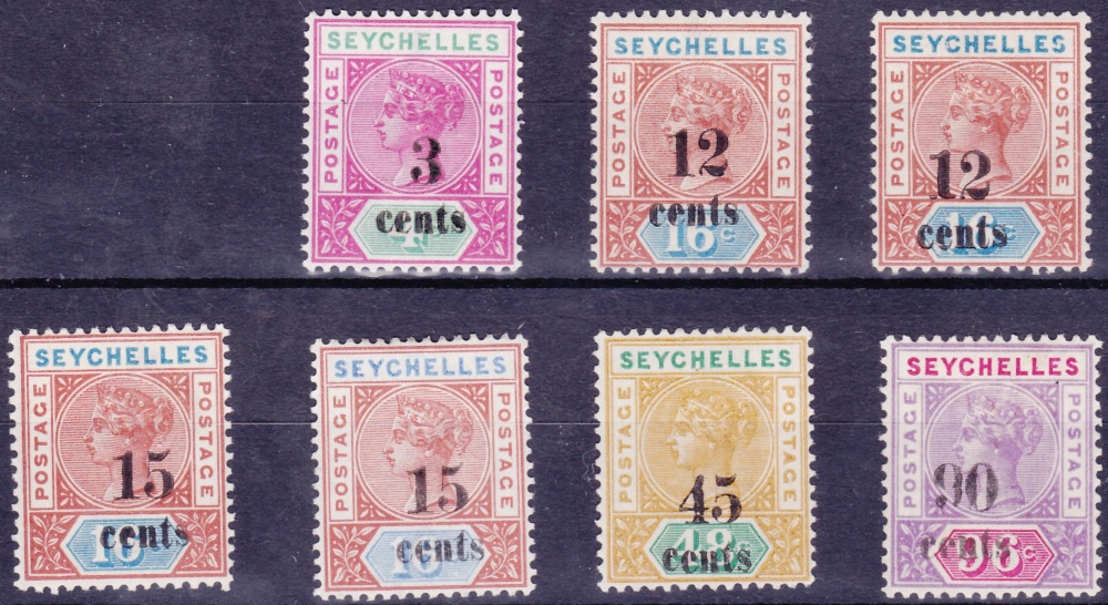 SEYCHELLES STAMPS: 1893 QV surcharge set of seven, fine lightly M/M, SG 15-21. Cat £150