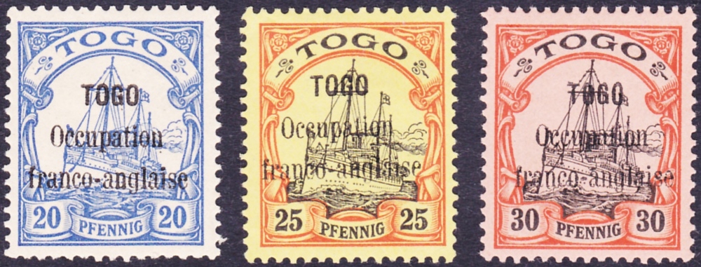 TOGO STAMPS : 1914 Yacht stamps from German Togo optd, 20, 25 & 30pf values M/M, SG 3-5. Cat £310 (