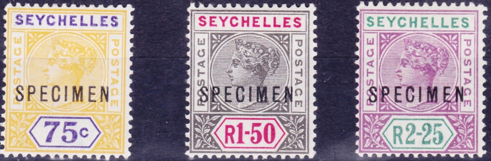 SEYCHELLES STAMPS : 1897-1900 QV 75c, R1.50 & R2.25 all with "Specimen" opt, M/M, SG 33s, 35s & 36s.