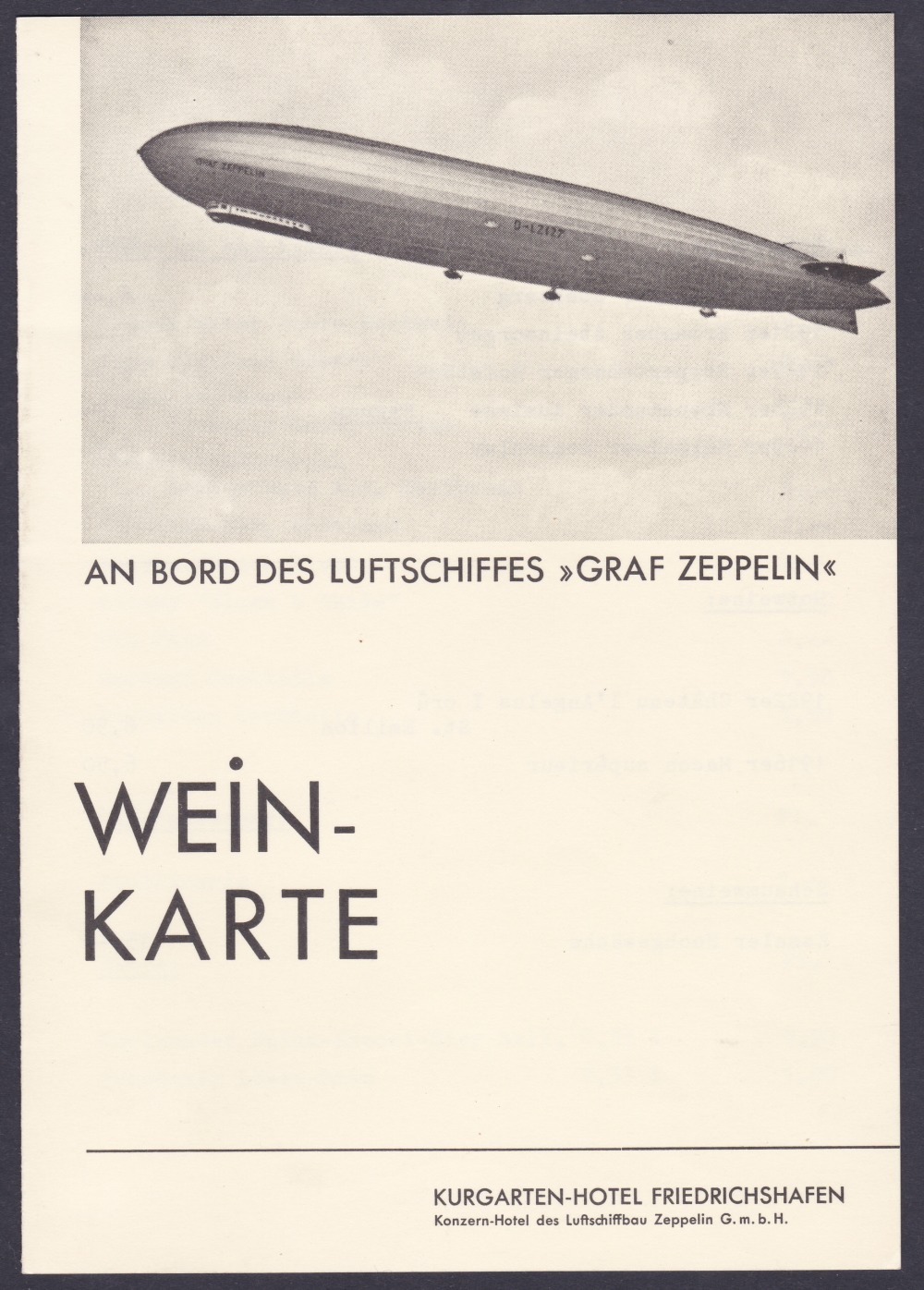 ZEPPELIN MAIL : Superb condition wine menu. Not noted to any particular flight. Rare!