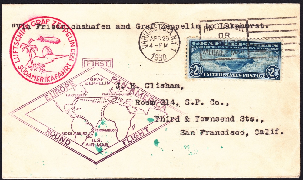 ZEPPELIN MAIL : USA, 1930 Graf Zeppelin Europe Pan America flight. Envelope with US $2.60 Zeppelin