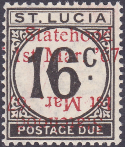 SAINT LUCIA STAMPS : POSTAGE DUE, 1967 16c black opt "Statehood 1st March 1967", double with one