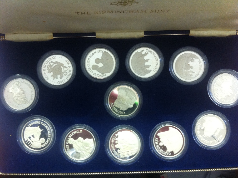 COINS : Queen Mother silver plated commemorative coin collection in display box, Birmingham Mint.