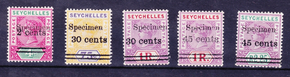 SEYCHELLES STAMPS : 1902 QV surcharge set of five optd "Specimen", M/M, SG 41s-5s (45c on 1r