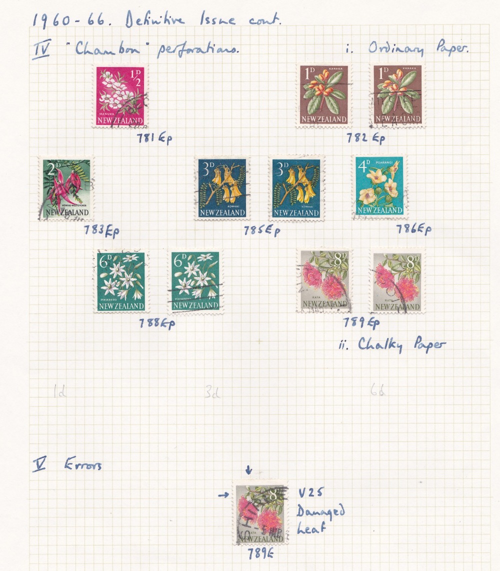 NEW ZEALAND STAMPS : 1960-66 issues used on album page including 8d damaged leaf error.