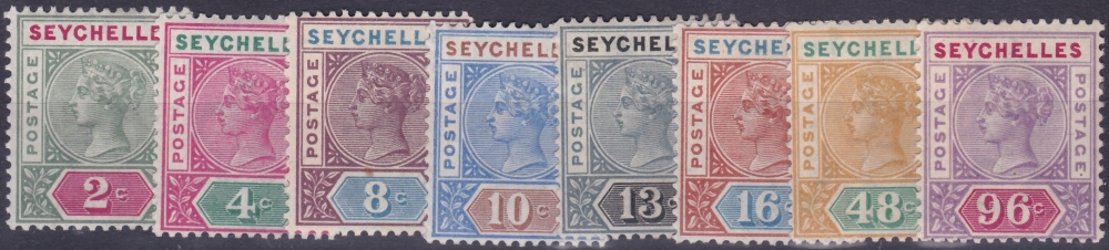 SEYCHELLES STAMPS : 1890 QV 1/2d to 96c set of eight, all LM/M except 16c (M/M), SG 1-8. Cat £170