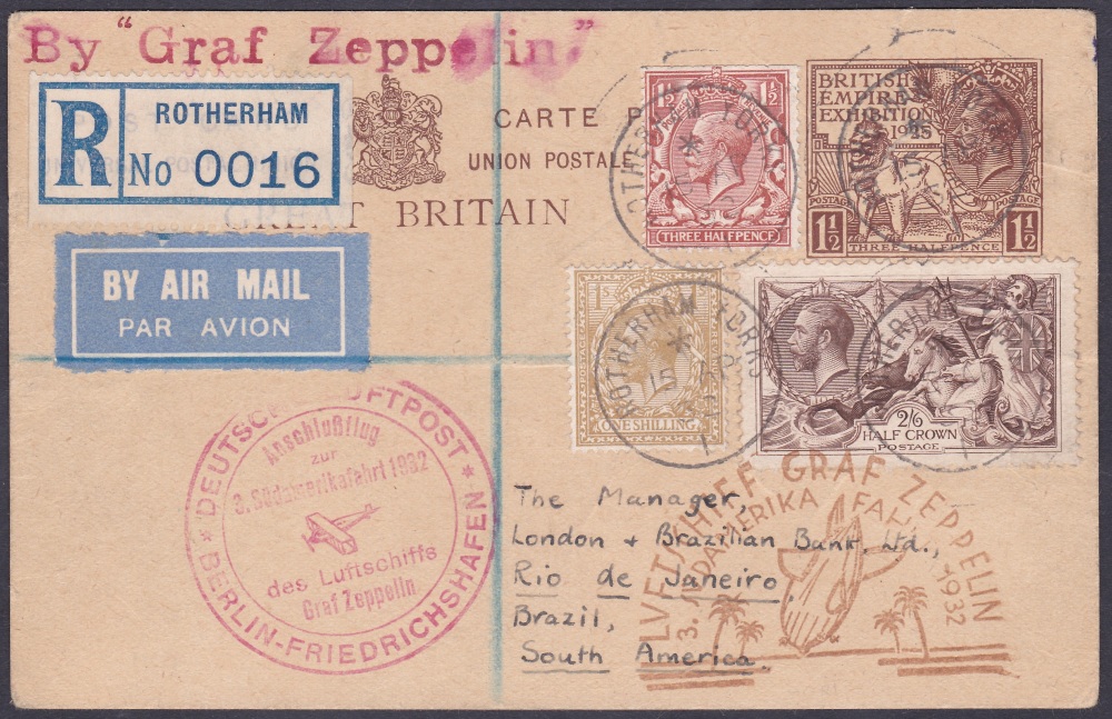 ZEPPELIN MAIL : GREAT BRITAIN, 1932 Graf Zeppelin 3rd South America flight. GV 1 1/2d Wembley postal