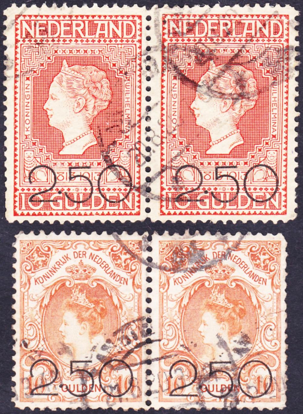 NETHERLANDS STAMPS : 1920 2.50 on 10g William I and 10g Wilhelmina, both in horiz used pairs. Some