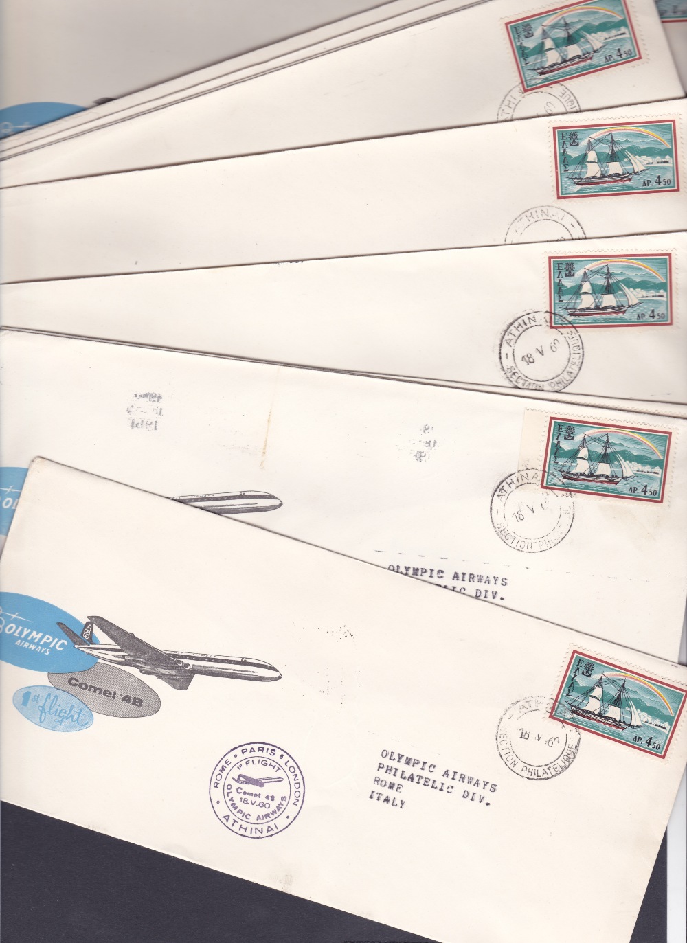 AIRMAIL : GREECE, 1960 Olympic Airways Comet 4B Athens-Rome-Paris-London, eleven illustrated flight